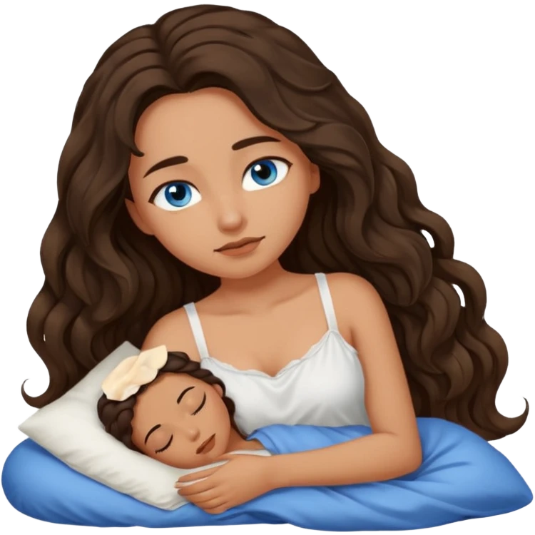 Girl with olive skin, blue eyes, brown dark insanely wavy long hair, white camisole sleeping emoji