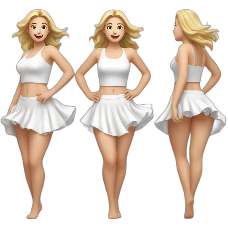 Hyperrealistic Full body Caucasian curvy beauty jumping white skirt back and front views strong wind emoji