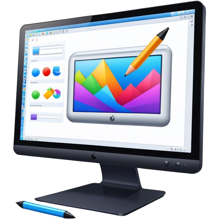 Computer graphics icon, large monitor with graphic design software open, graphic tablet, stylus, vibrant colors, minimalistic style, clean lines, transparent background. emoji