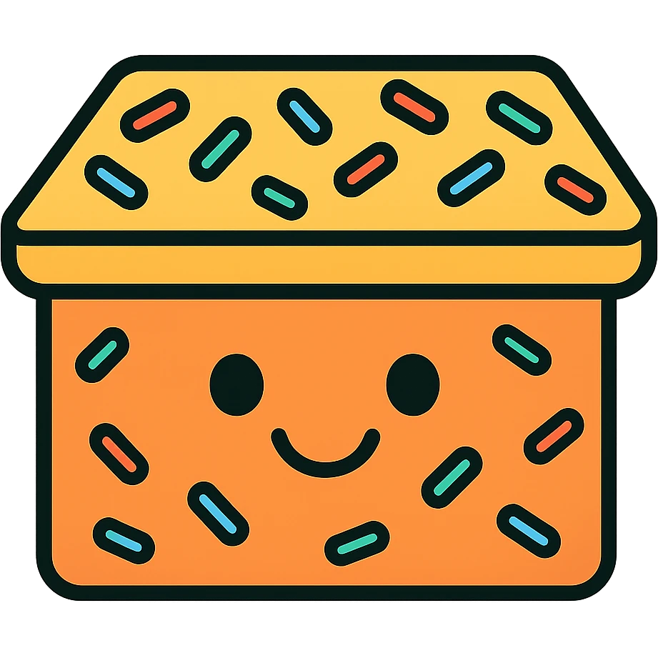 cartoon box with sprinkles, happy face, cheerful and fun, color outline style emoji