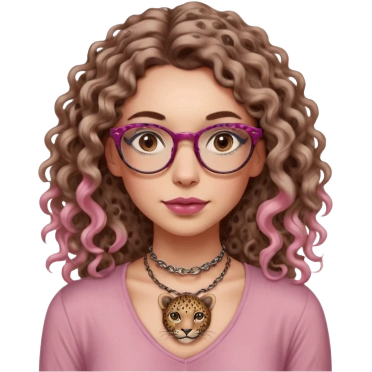 a gray eyed woman with light brunette long curly hair, full lips, pink soft blush and pale skin with leopard printed thin round-ish glasses wearing a silky brown top, a neck tatto that is in the middle of the neck so tiny saying before sunrise in a dactilo font. emoji