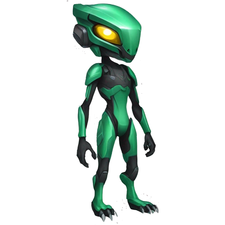 a black-green Genesect-Raptor-Fakémon—hybrid with a futuristic visor-helmet full body emoji