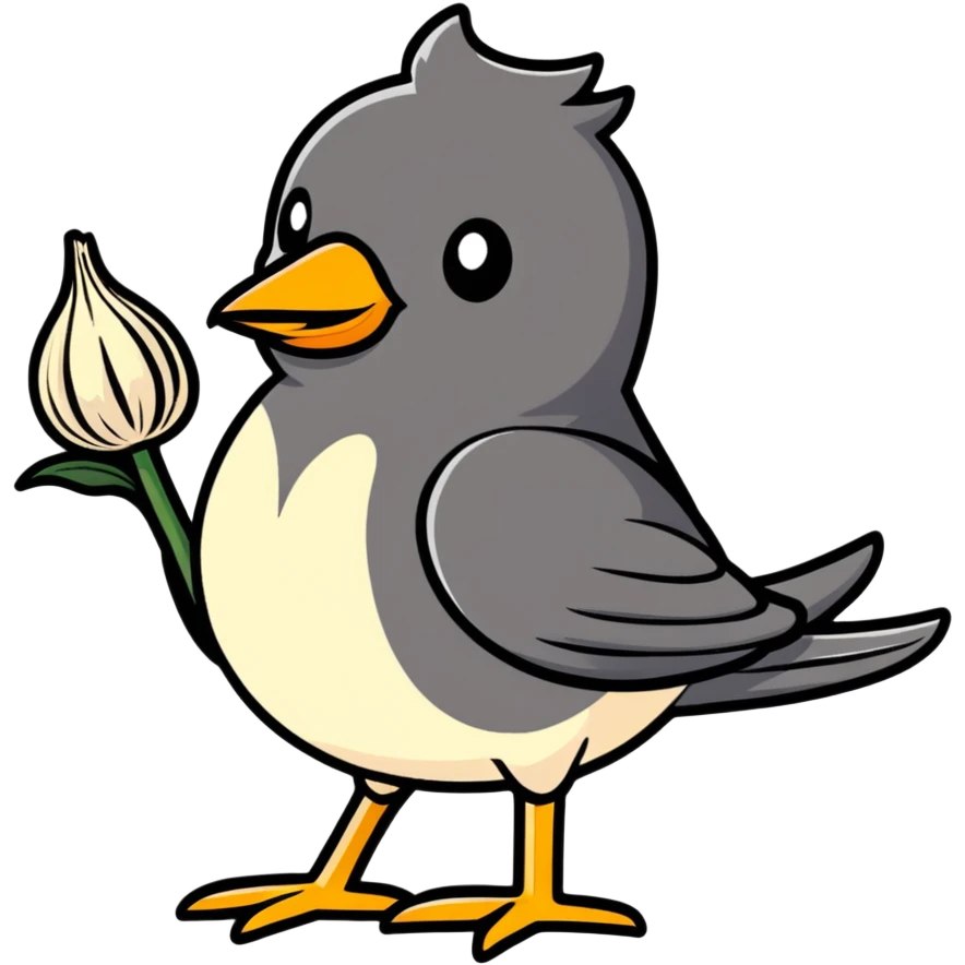 bird with a garlic-shaped body, cartoonish sticker style emoji