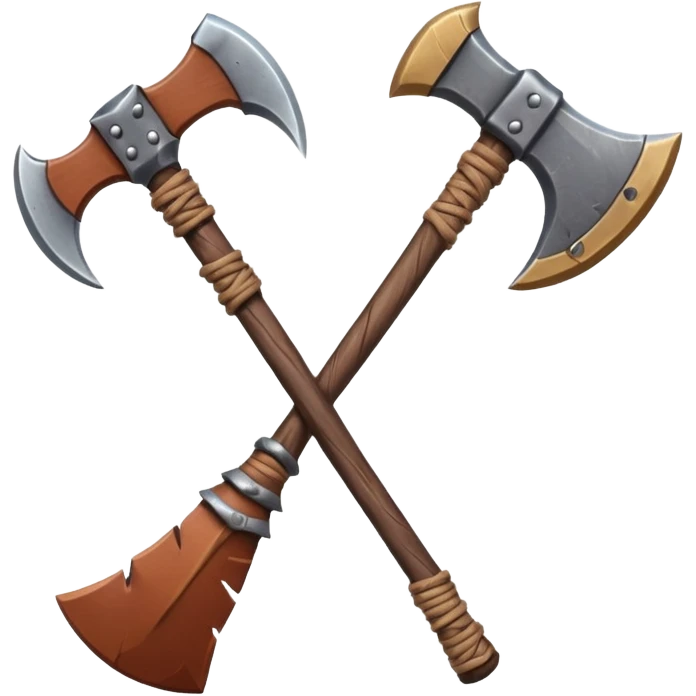 barbarian axe object icon, huge double-bladed axe, rough metal, wooden handle, leather wraps, fantasy style, 3D cartoon, mobile game icon style, centered, clean background, soft shadow, no text, no watermark
 emoji
