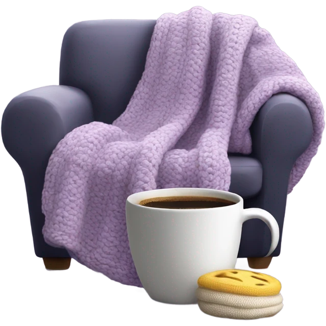Design an inviting emoji of a chunky knit blanket folded on a comfy chair, with a cup of coffee nearby, evoking a cozy home setting.light purple emoji