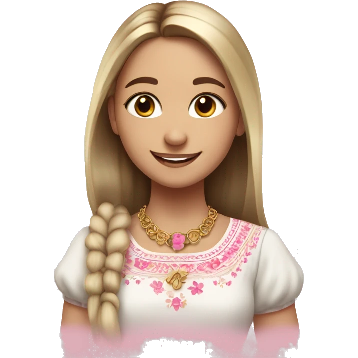 Slavic girl, white skin, brown eyes, black-to-blonde ombre straight tail, smiling with teeth, wearing beautiful blouse with a folk pattern of small pink flowers, a gold necklace. emoji