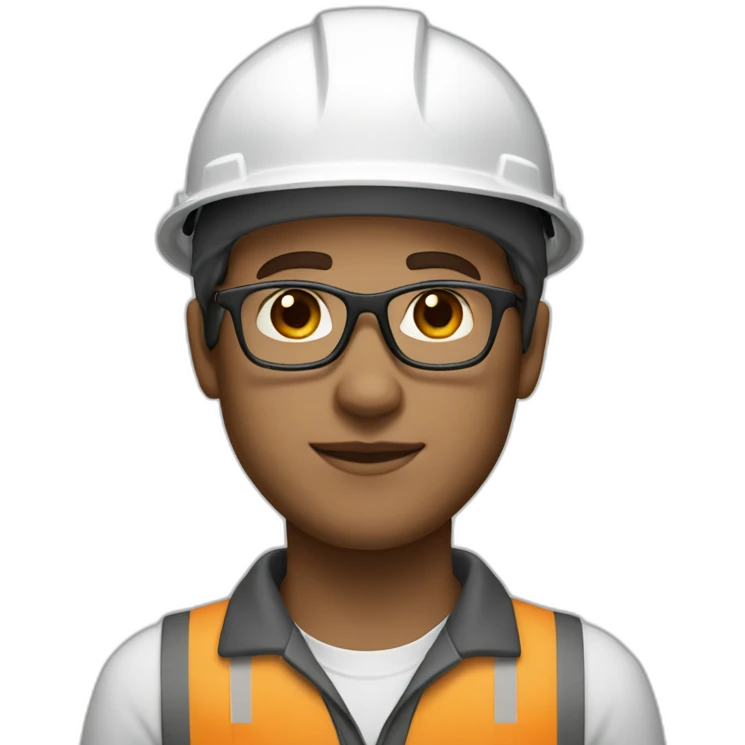 Engineer, white hard hat, light skin tone, dark brown Hair, glasses, square jawline emoji