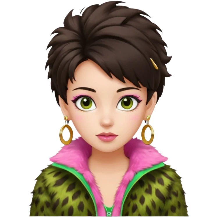 generate a pretty fair bratz girl with dark brown eyes. Dark brown hair tied up in a funky hairstyle. Wearing a green fur jacket, with pink top underneath. Golden earrings emoji