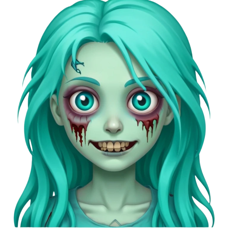 zombie girl with long turquoise hair, one eye missing, creepy smile, cute undead character emoji