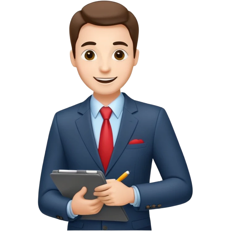 car salesman with a clipboard, cheerful expression, suit emoji