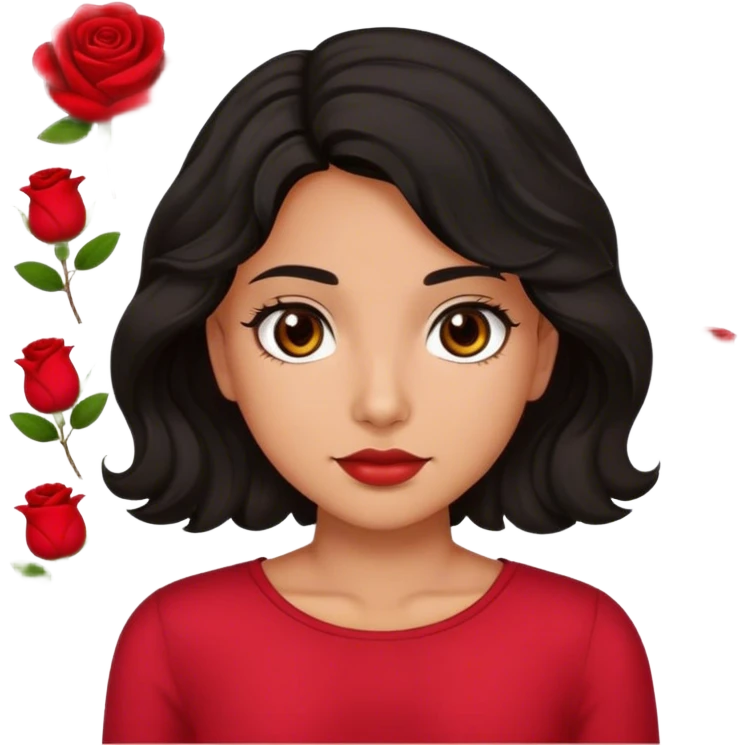 Olive skin Brown eyes black wavy hair rose backround red top  emoji