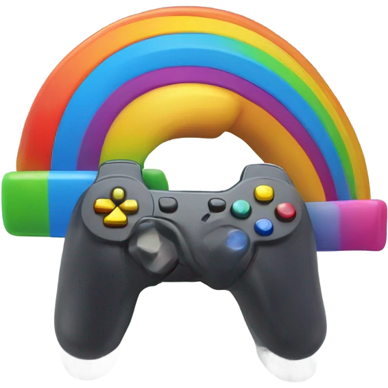 A rainbow sits on a joystick emoji
