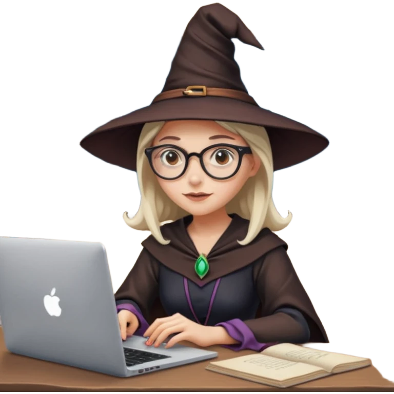 A female video editor wearing glasses, dressed like a witch with a pointed hat, sitting at a laptop editing a video, cinematic lighting, cozy creative studio, professional look, high quality, realistic emoji