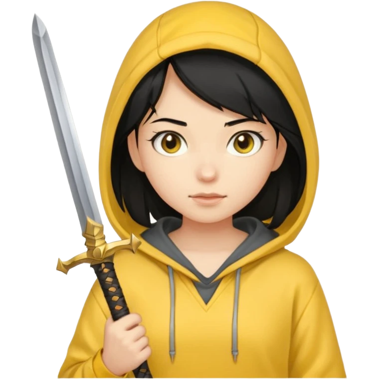 black haired girl holding sword and wearing yellow hoodie emoji