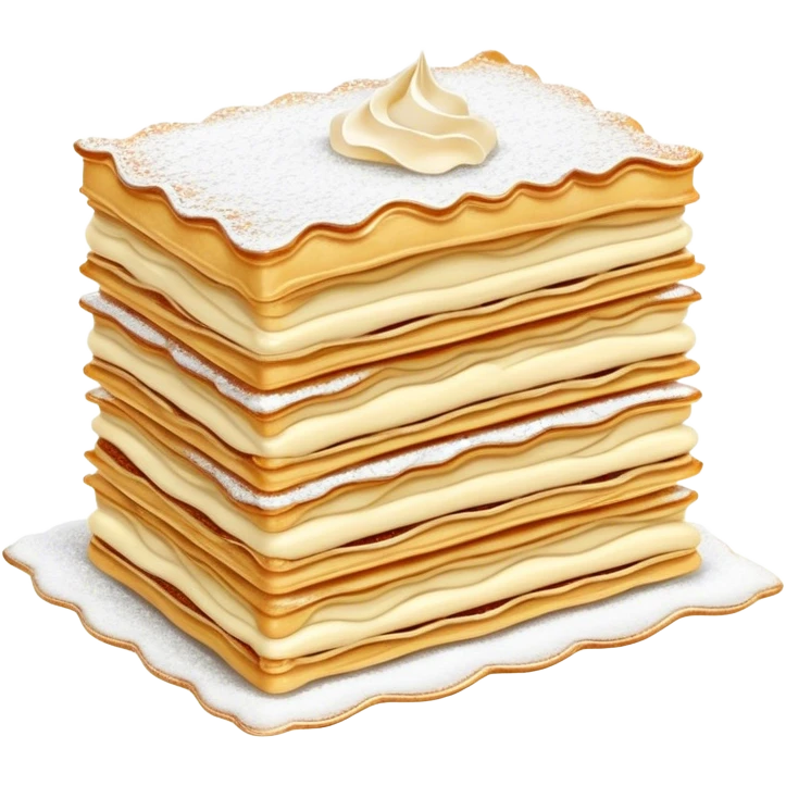 Cinematic delicate mille-feuille, thin crispy pastry layers filled with smooth vanilla cream, dusted with powdered sugar, elegant presentation, highly detailed and sophisticated. emoji