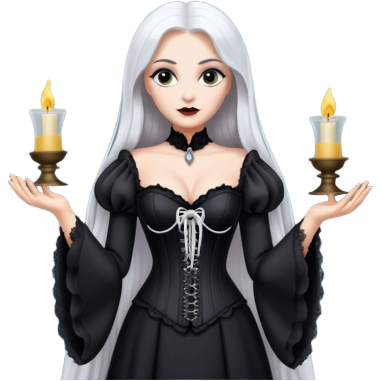 Morticia Addams with white hair and long bell sleeve corset dress emoji