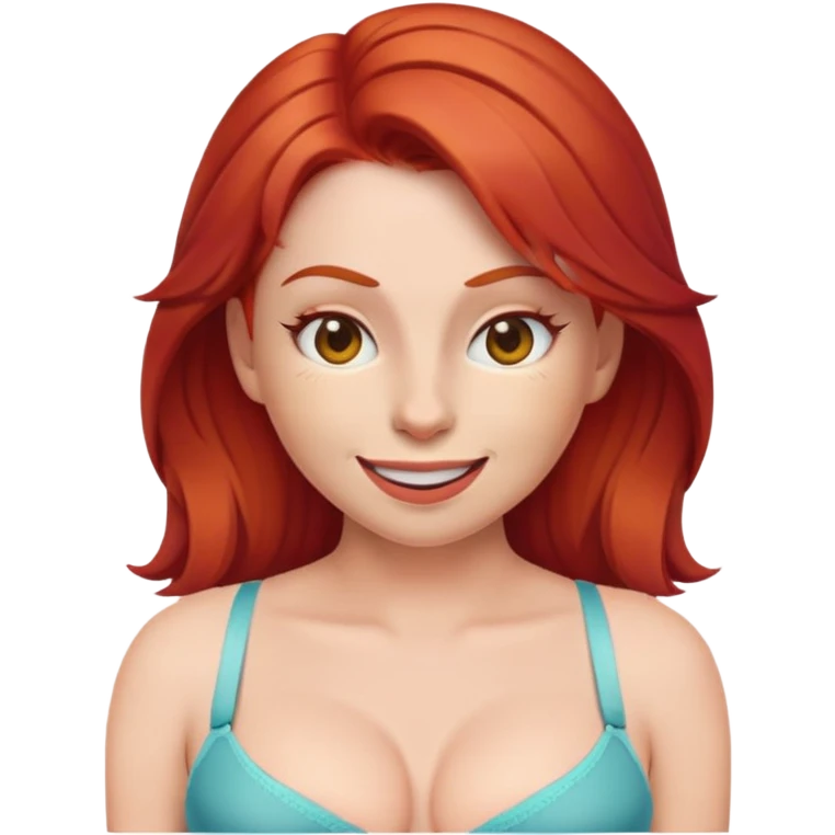 Female emoji with red hair wearing a bra and winking emoji