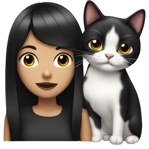 girl with straight black hair holding black and white cat with tongue out emoji