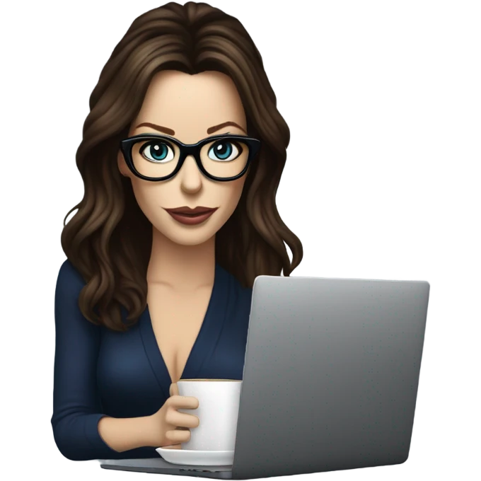 Hyper Realistic Kate Beckinsale dark blue eyes wearing glasses drinking coffee at a laptop  emoji