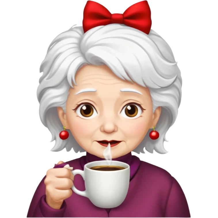 Old lady with crazy hair and christmas bow drinking coffee emoji