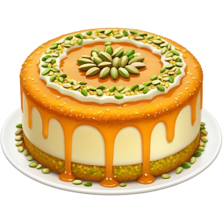 A small round emoji of traditional kanafeh with golden-orange crispy threads, a gooey white cheese center, and a light sprinkle of green pistachios. Warm and delicious-looking. emoji