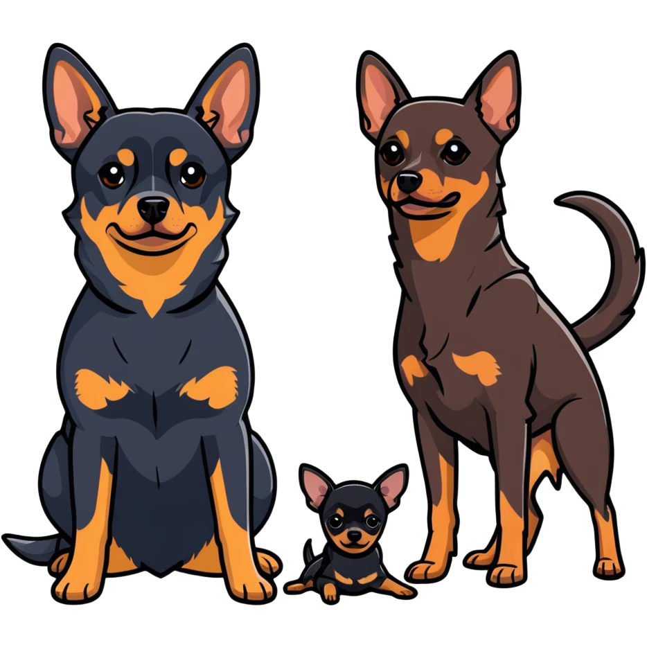 two dark-colored shepherd dogs and a dark-colored miniature pinscher Chihuahua together emoji