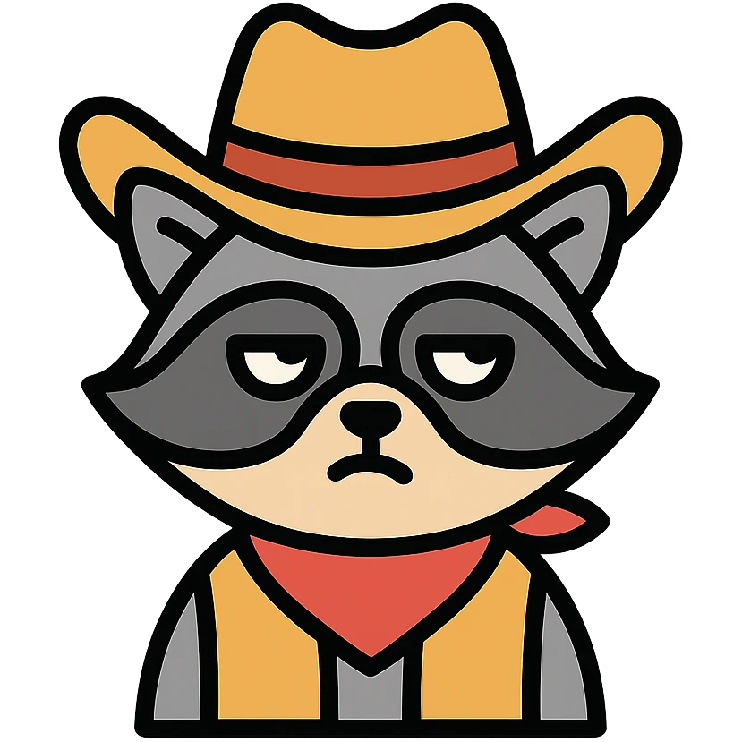 raccoon dressed as a cowboy, rolling his eyes, color outline icon emoji