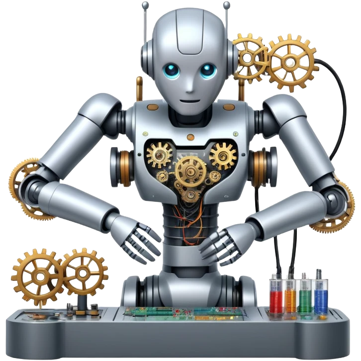 An icon featuring a humanoid robot assembling parts with robotic arms, surrounded by gears, circuit boards, and sensors, symbolizing robotics. The design includes a control panel and AI interface, representing automation, engineering, and innovation. Transparent background. emoji