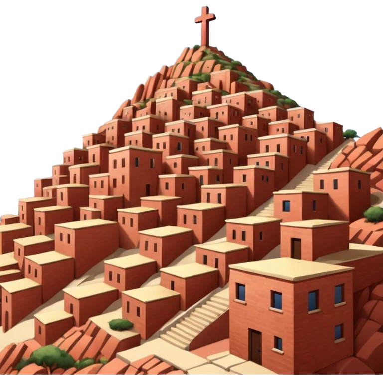 Urban Peruvian hillside neighborhood, brick houses stacked on steep hills of the desert, unfinished red brick buildings,, narrow stairways, electric cables crossing the sky, sunset lighting, realistic style, cinematic, high detail in the desert, cross monument at the top emoji