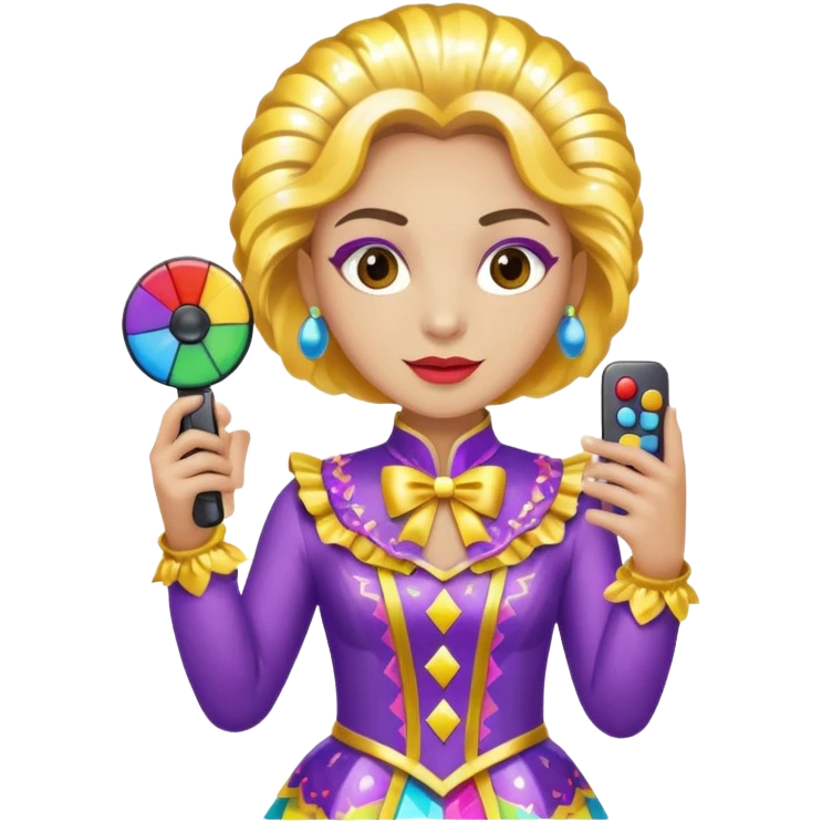 Uma pessoa com um controle remoto na mão e vestida de fantasia de carnaval emoji