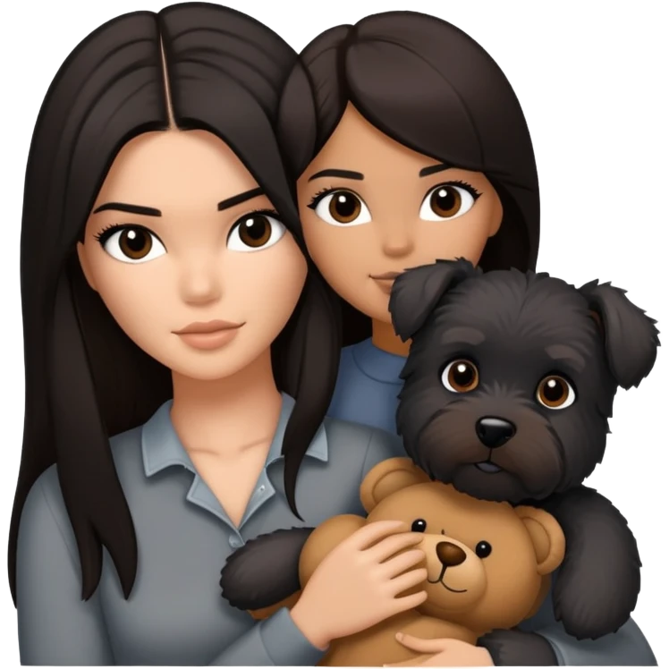 Kendall Jenner with long dark hair, holds a brown teddy bear and a black schnauzer emoji