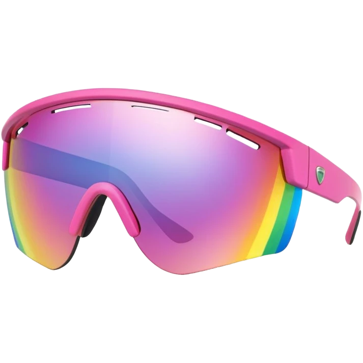 sporty pink shield visor sunglasses with extra thick frame with metallic accents, robust construction, substantial build, one-piece rainbow reflective lens emoji