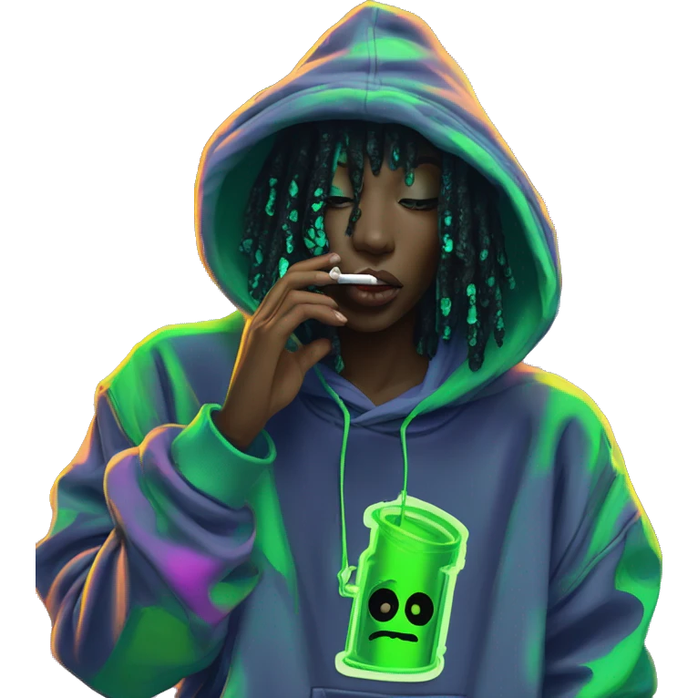 Multicoloured neon black and green graffiti person smoking wearing hoodie dancing hip hop bucket hat tropical Skater fashion aesthetic baggy clothes graphic t shirt 420 emoji