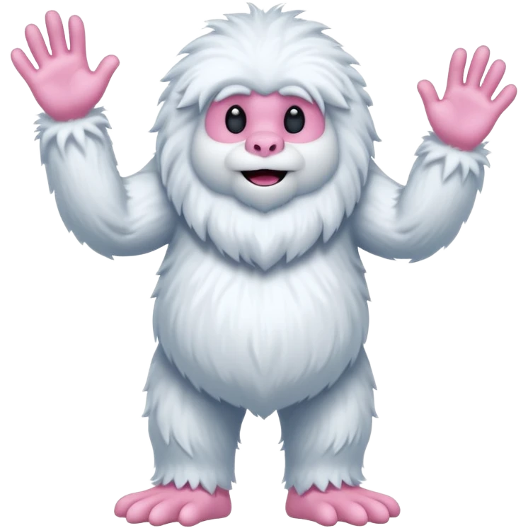 A fluffy, white creature resembling a yeti stands upright, featuring a round body and long, shaggy arms. Its face is smooth with a simple, flat mouth and no visible eyes. The hands and feet are pink with claw-like digits, and the creature has a whimsical, cartoonish appearance emoji