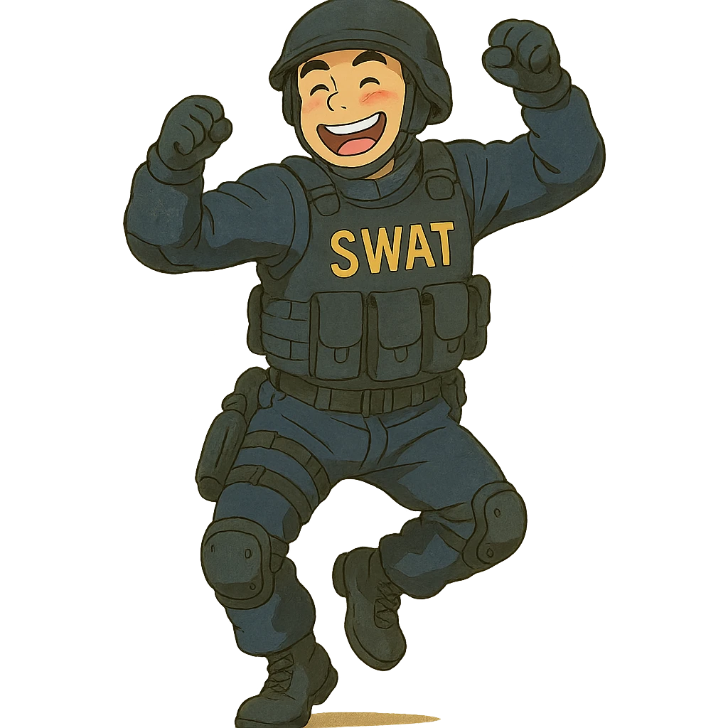 ghibli style SWAT member in tactical gear, dancing with a big smile emoji