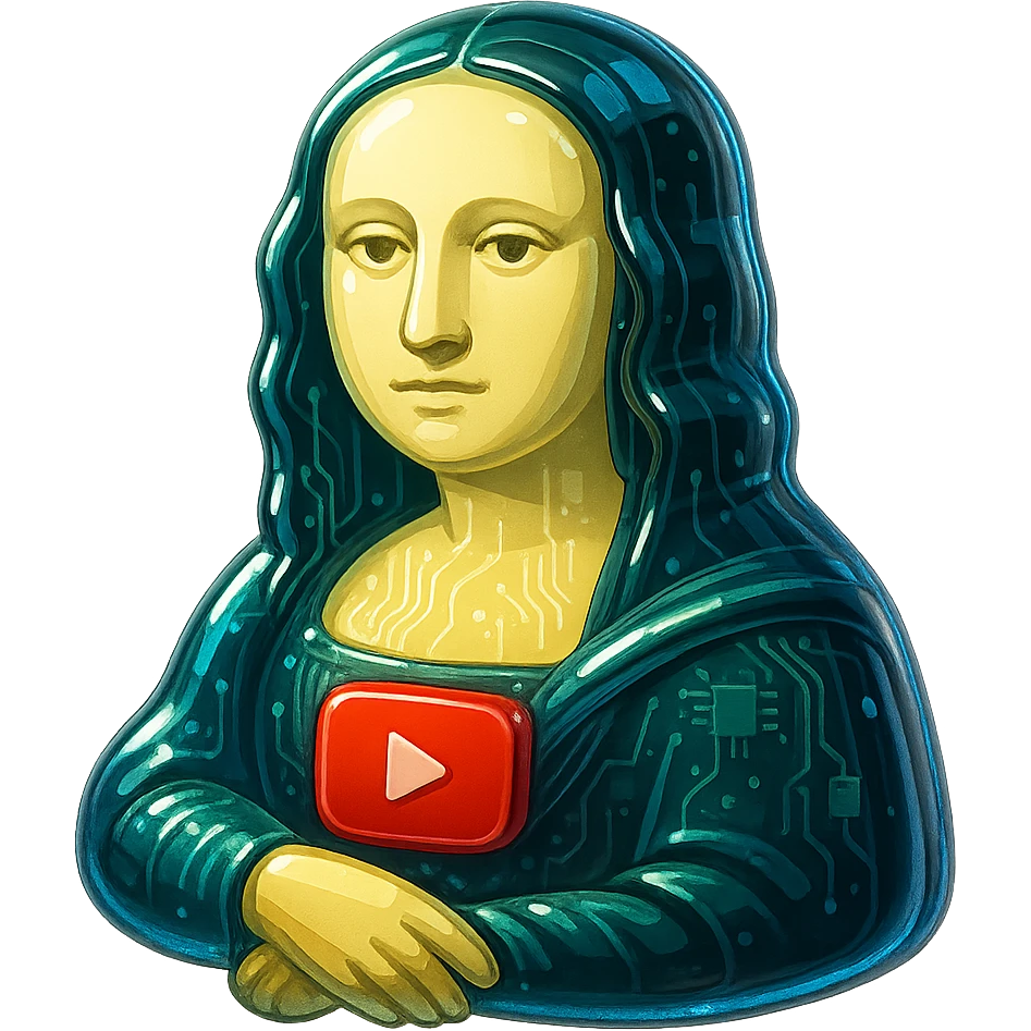 Mona Lisa with a calm or blank expression, no grin or sarcasm, red YouTube play button, glossy circuit style emoji