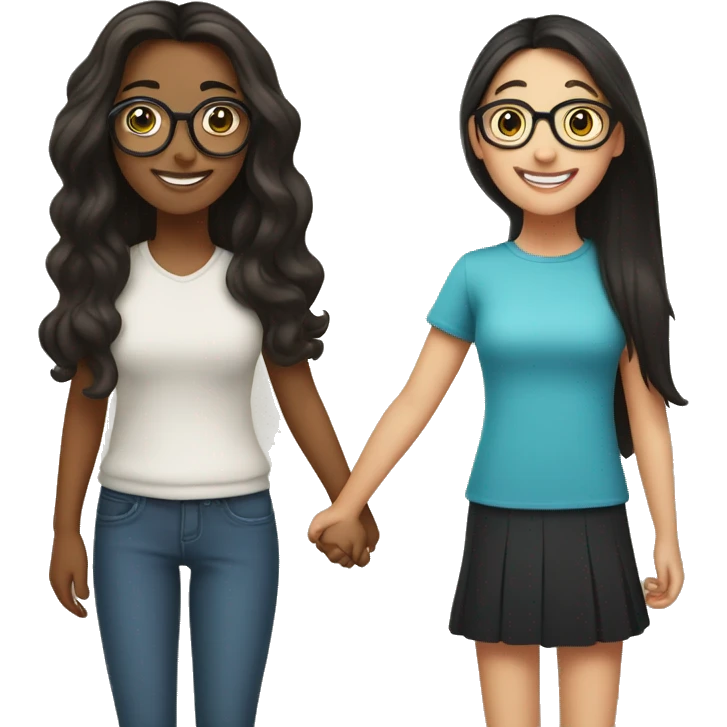 An emoji of a brunette girl with long hair, joyfully holding hands with a black-haired girl wearing glasses, both smiling and expressing happiness emoji