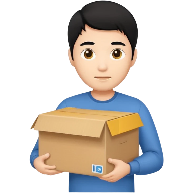 black haired asian man holding cardboard box emoji