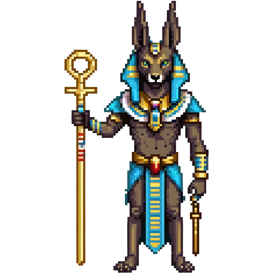 Egyptian god Anubis with black jackal head, gold collar, Egyptian headdress, holding ankh symbol emoji