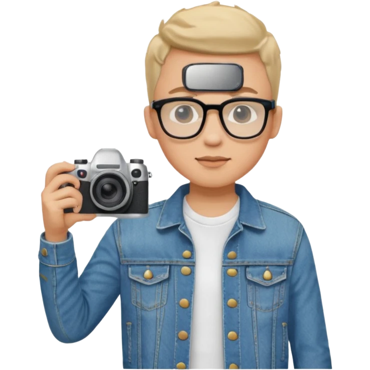 Young male, holding camera, jean jacket with white t-shirt inside, glasses


 emoji