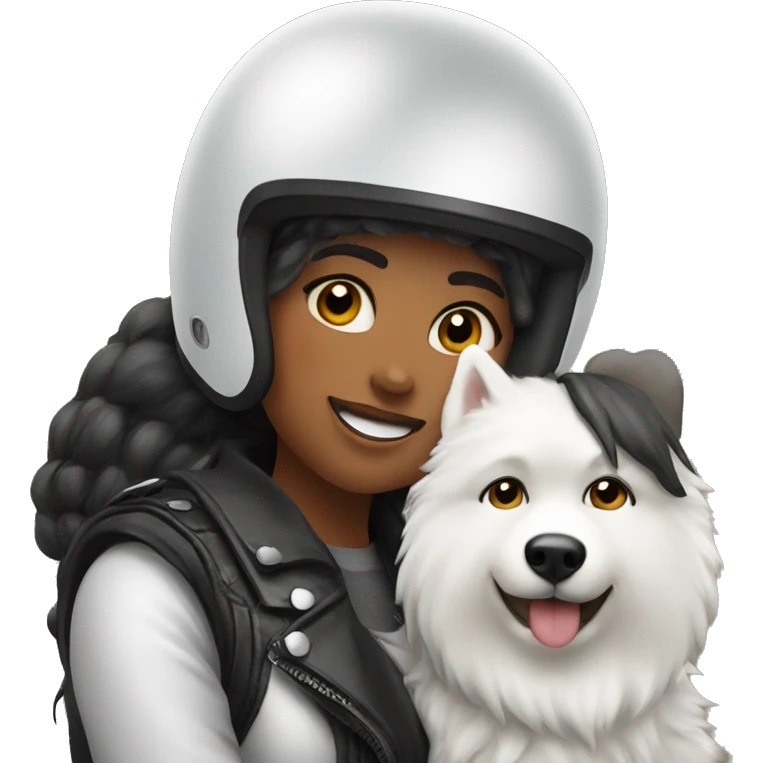 Biker girl with a helmet in her face hugging a Samoyed emoji