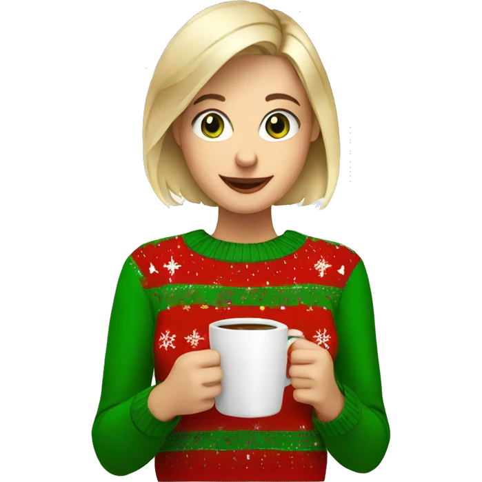 Short haired blonde girl with green eyes drinking coffee wearing Christmas sweater emoji