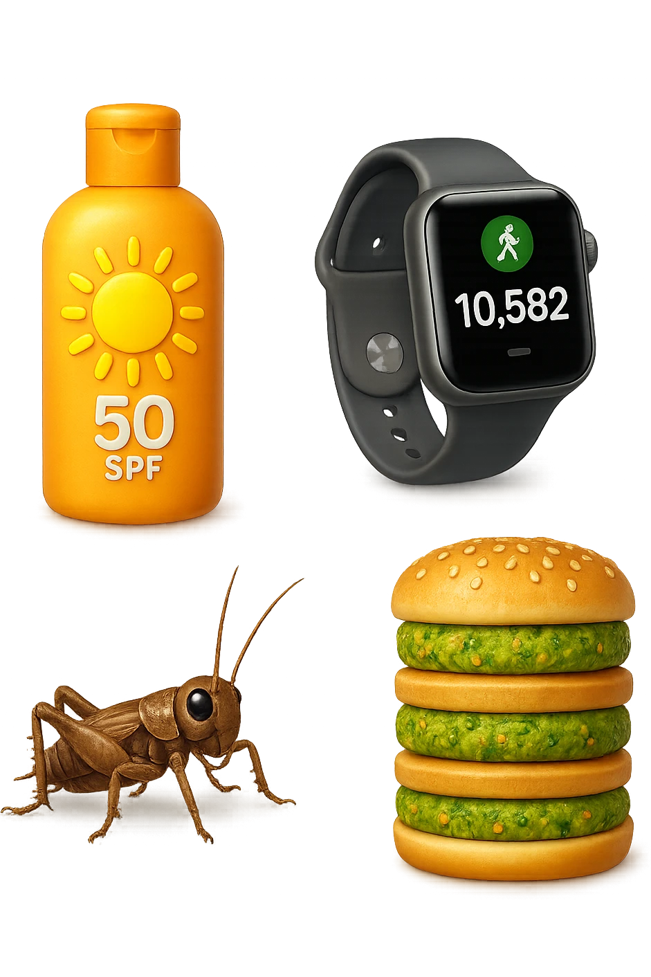 emoji stile iphone di una boccetta di CREMA SOLARE, UNO SMARTWATCH CONTAPASSI, UN GRILLO, UNA TORRETTA DI HAMBURGER FATTI CON I PISELLI, IPERREALISTICO 4K emoji