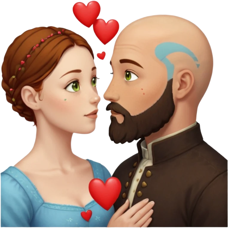 Couple. Bald man with dark brown-black beard. Woman with many small, faded, round freckles, white skin and she has auburn-yellow-brown-caramel-cinnamon dark hair. She has light yellow-brown-green eyes. He have hazel-blue eyes. They look at each other. Many small red hearts around them. emoji
