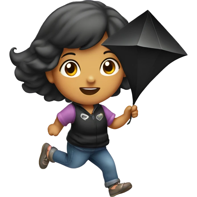 Girl flying a black diamond shaped kite emoji