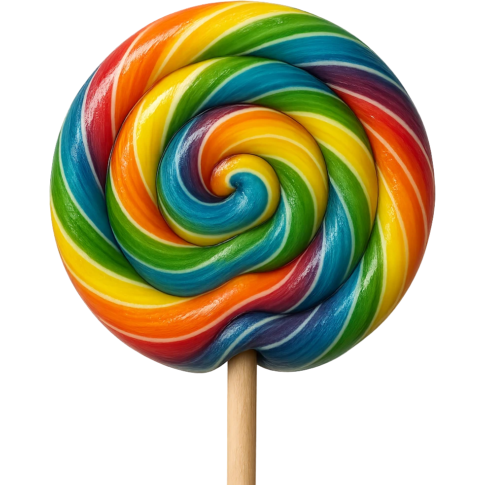 Change the lollipop to a realistic rainbow swirl lollipop with a transparent background, photorealistic style. emoji