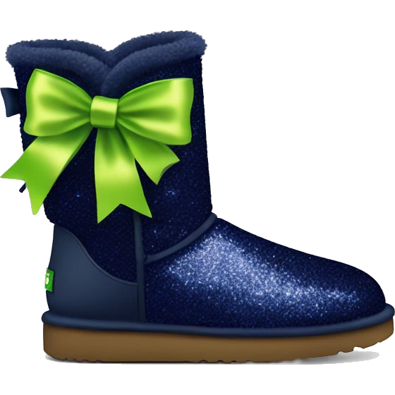 Realistic navy blue Sparkle glitter and fur Ugg boots with lime green bow. emoji