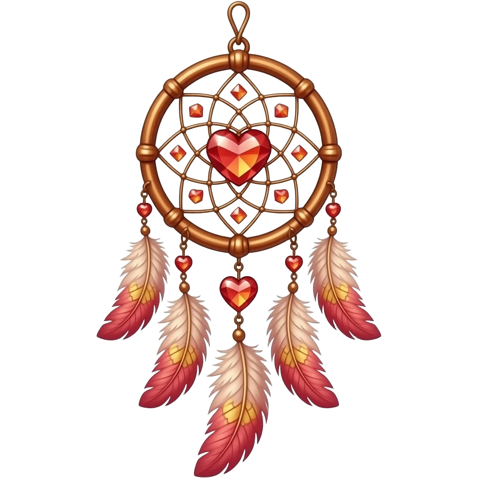 Reddish-pinkish and golden warm-colored romantic lush beautiful pretty hanging crystal-catcher aesthetic with hearts and sparkles and feathers emoji