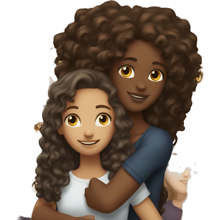 black girl with long curly hair hugging white girl with long brown hair emoji