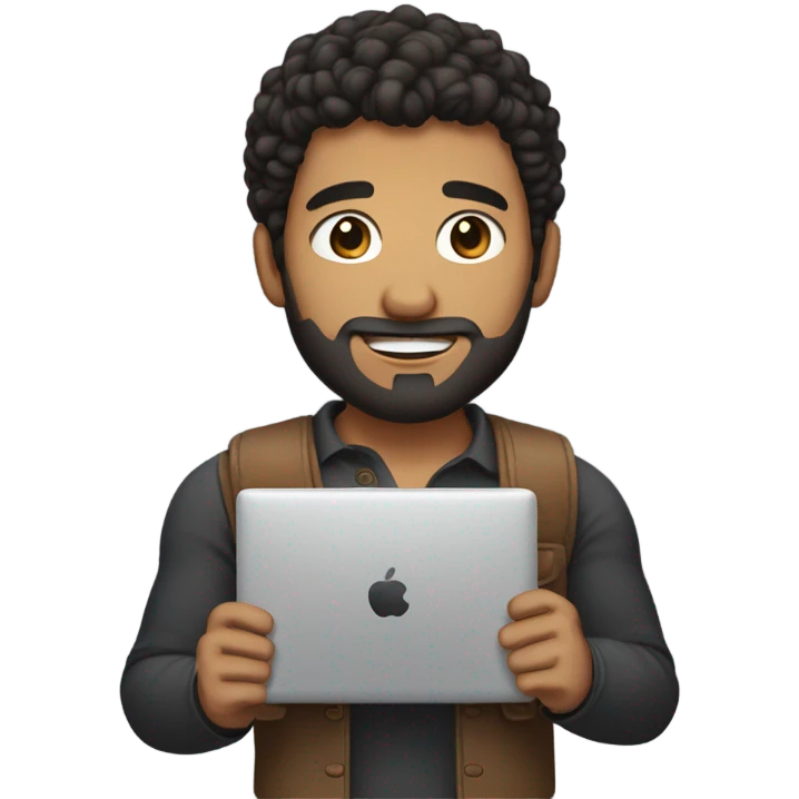 men holding his computer in hands. light brown skin men with curly black hair, dark brown eyes, little grown beard. little bit muscular. dressed casual. round face. emoji